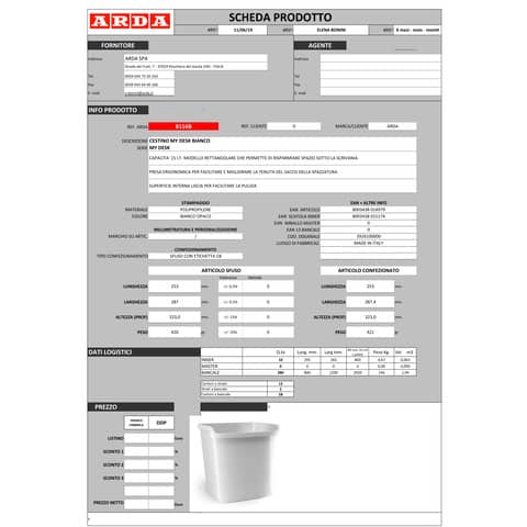 Cestino impilabile ARDA MyDesk 15 litri polipropilene bianco rettangolare 8116B